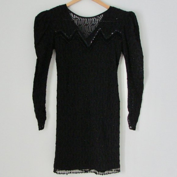 Vintage Black Cocktail Dress Beaded Lace Wedding Black Tie Holiday Party 10 - Picture 2 of 16